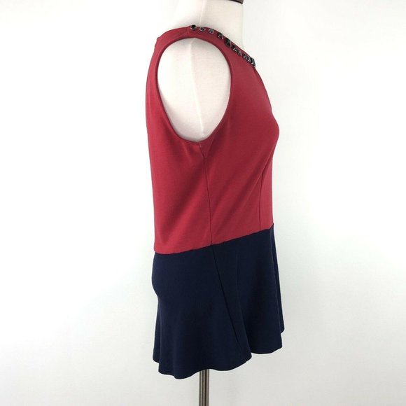 Boston Proper Red Navy Peplum Rhinestone Neck Top Shirt  |  Womens Small - Picture 4 of 9